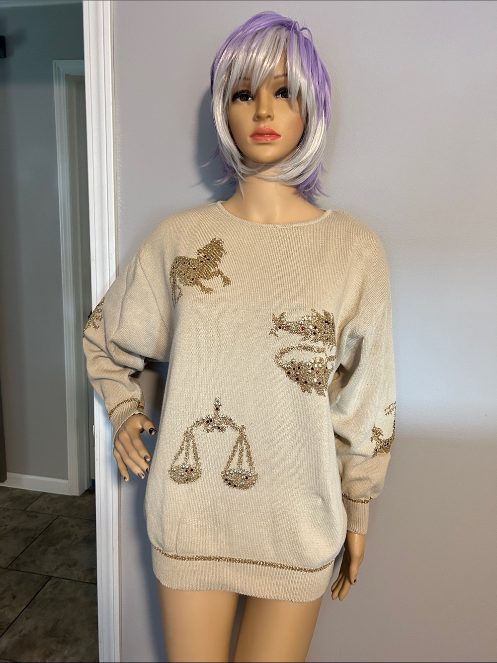 Mondi Beige 80’s Sequin Zodiac Motif Crewneck Sweater